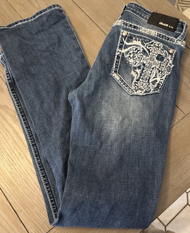 Grace in La Easy Fit Stretchy Size 29 Blue Jeans Cross Design