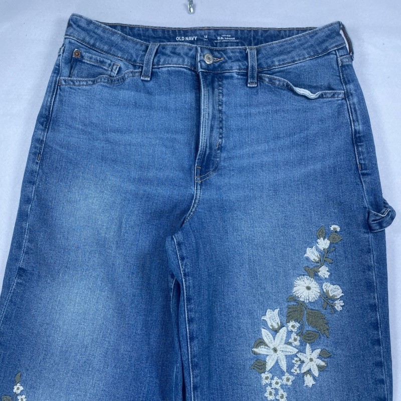 Old Navy OG Loose Embroidered Carpenter Jeans Womens 12 Tall Medium Blue Denim