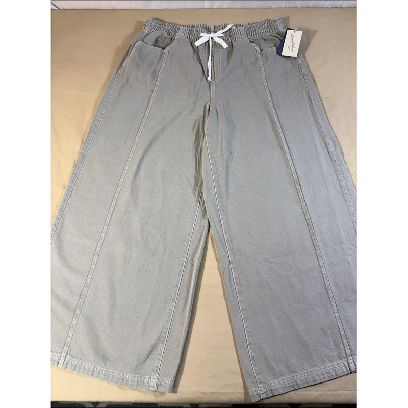 Wide Leg Drawstring Rigid Denim Pull On Jeans NWT Khaki Green High Rise XL