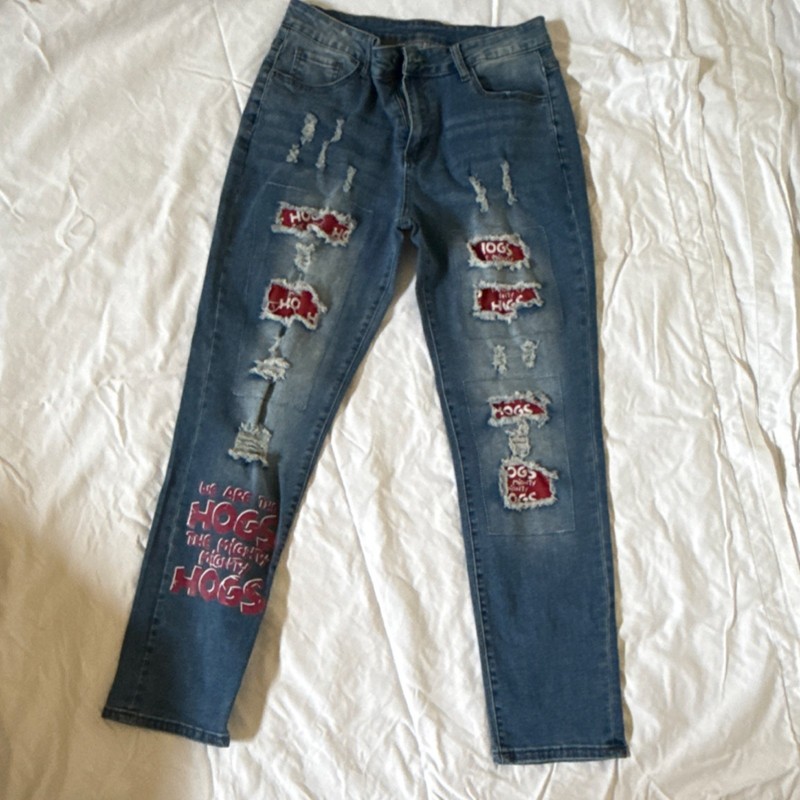 Womens Distressed Blue Denim Jeans with Custom Patches – Size 10 Button Zipper