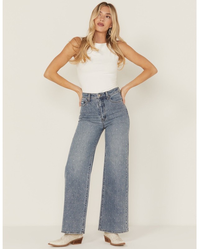 Women s Far Out Medium Wash High Rise Studded Wide Leg Denim Jeans Rhinestone