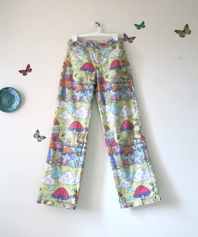 Machine Pour Neuf Mode Colorful Novelty Psyhedellic Mushrooms Denim Jeans Sz. 7