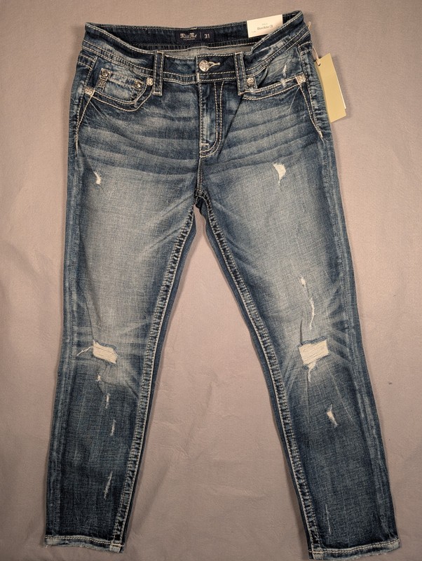 Miss Me Women’s Blue Denim Jeans Low Rise Ankle Slim Fit Distressed Buckle
