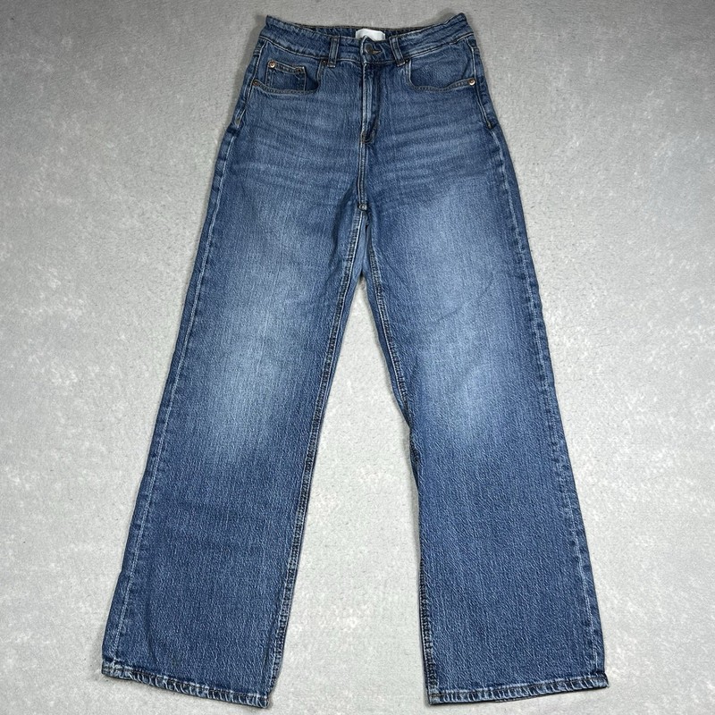 H&M Jeans Womens 8 Blue Wide Leg Mid Rise Regular Fit Dark Wash Denim Pockets