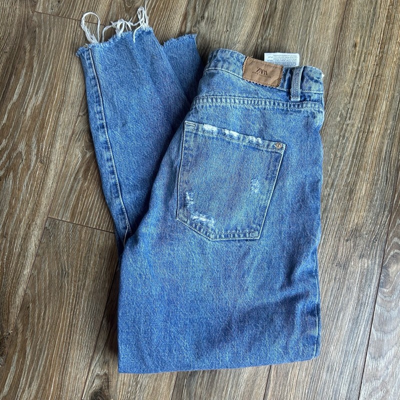 Zara 90’s Fit Blue Distressed High Waisted Straight Leg Denim Jeans Pants 6