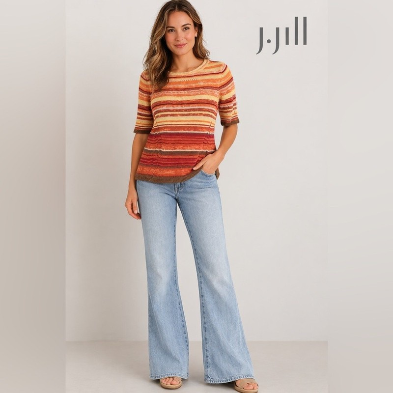 J.Jill Striped Linen Cotton Blend Knit Sweater Top Size Medium Earth Tone