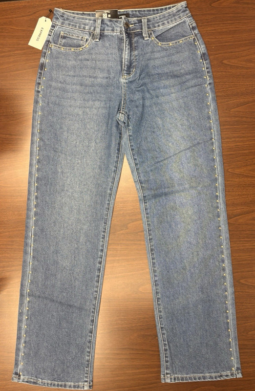 Express Women’s Blue Medium Wash Straight Denim Jeans Studded Logo 5-Pocket 4