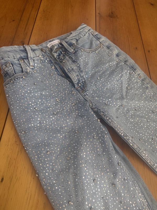 Good American Good Legs High Rise Slim Skinny Jeans Light Wash Rhinestone 0/25