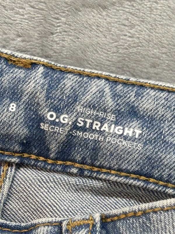 Old Navy High Rise O.G. Straight Jean Women Sz 8 Blue Whiskered Faded Button Fly gallery