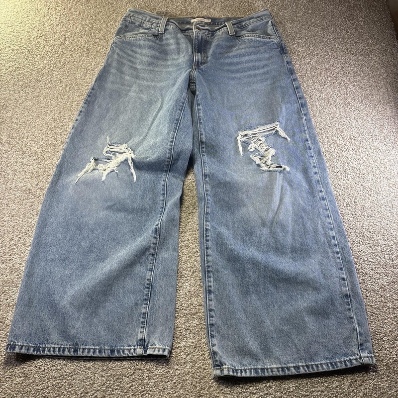 Levis 94 Baggy Wide Leg Jeans Womens W36 L31 Blue High Rise Distressed Denim