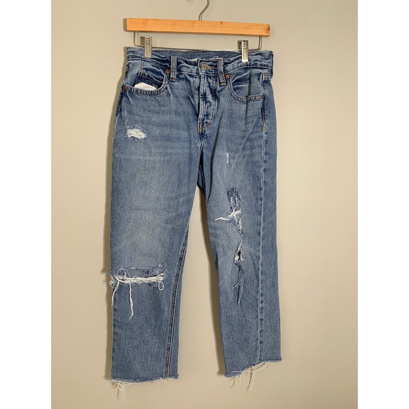 Old Navy Slouchy Straight Jeans Women 0 Blue High Rise Distressed Raw Hem Button