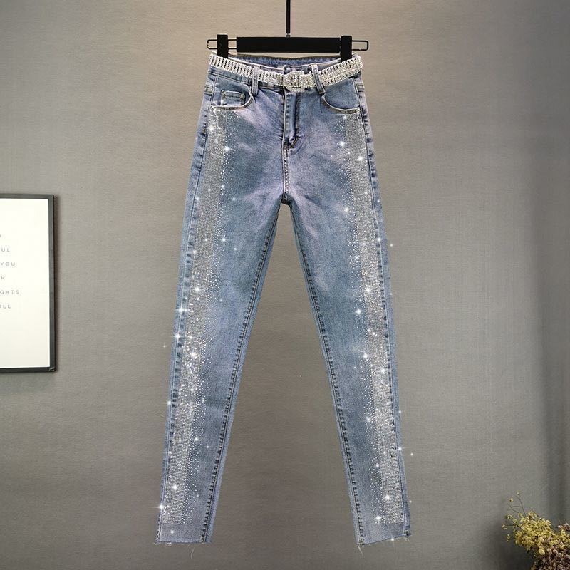 New Rhinestone High Waisted Casual Pants Women Fashion Jeans Blue