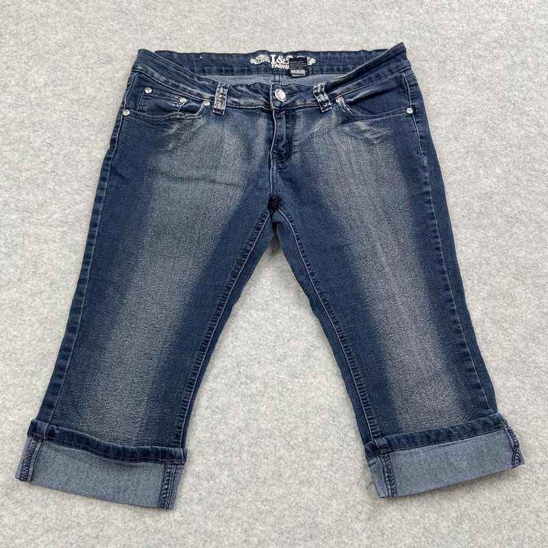 I&P Fashion Capri Jeans Juniors 13 32×15 Blue Cuffed Embroidered Rhinestone