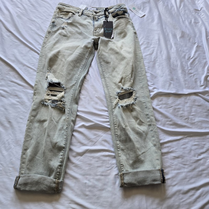 NWT Studio Blue Frankie Mid Rise Girlfriend Jeans Distressed Light Wash Size 27