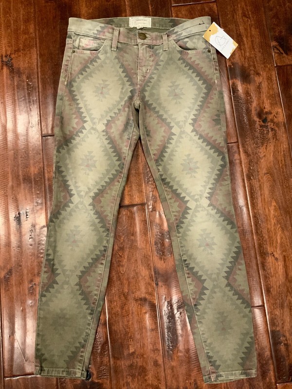 Current/Elliott Army Green Navajo Pattern “The Stiletto” Skinny Jean, Size 26