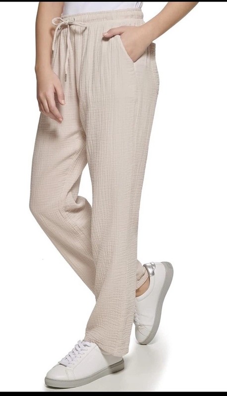 NEW! Calvin Klein Crepe Gauze Drawstring Straight Pants, Ivory/Birch, Small