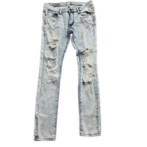 Machine Nouvelle Mode Distressed Rhinestone Denim Jeans Streetwear Rap Y2k Sz 31