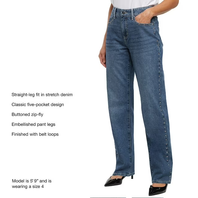 Express Women's Embellished Straight Leg Jean Size 8 Medium Wash - Studs gallery