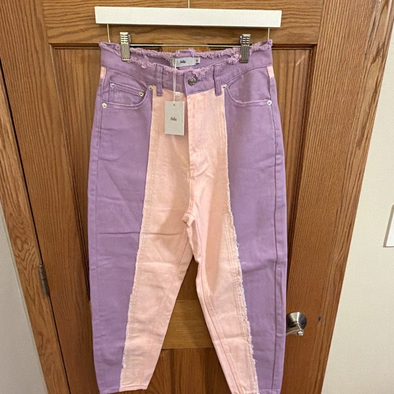 Alblika Colorblock Purple Pink Mom Jeans High Rise Tapered 5-Pocket M