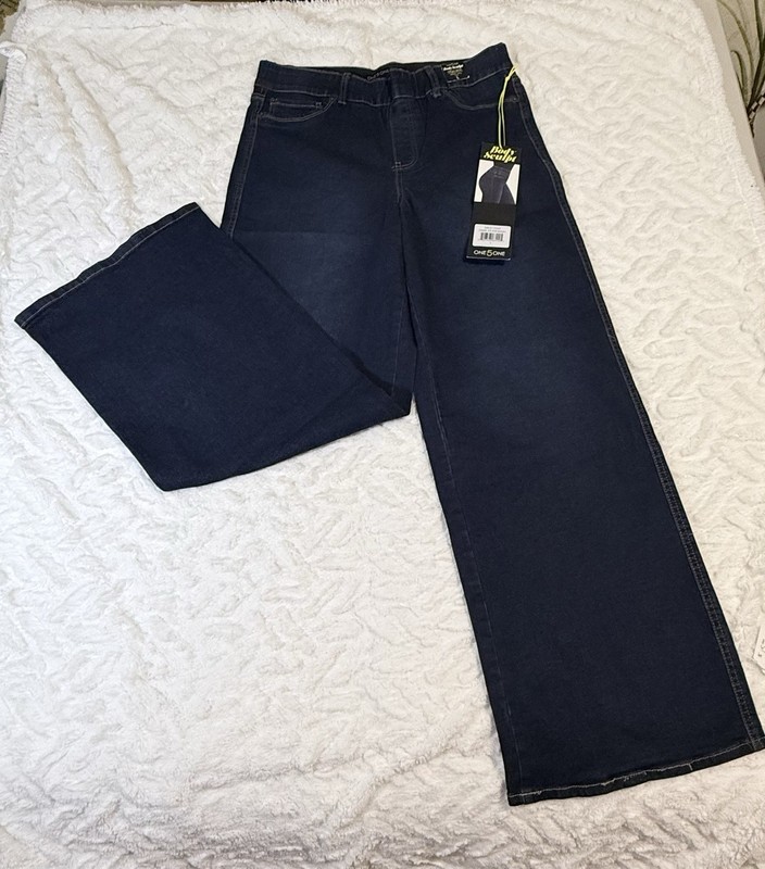 One5One Dark, Wide Leg, High Rise, Body Sculpt, Elastic Waist Jeans Size L NWT