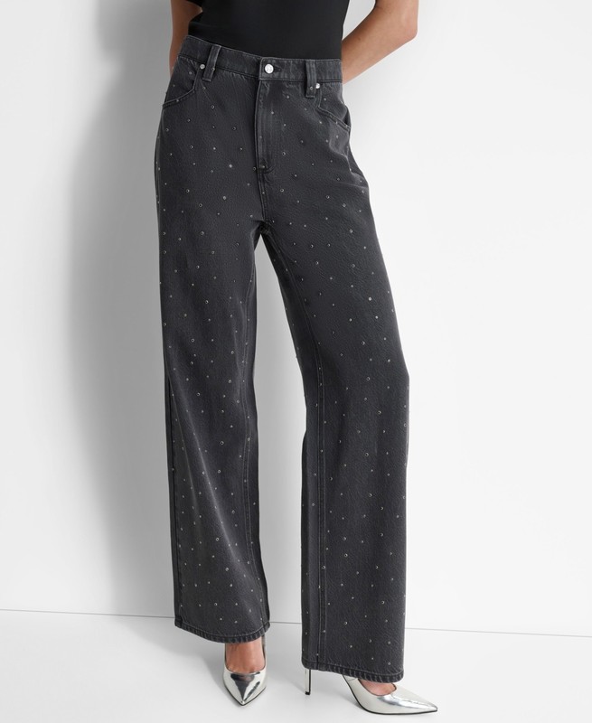 DKNY High-Rise Embellished Straight-Leg Jeans Women’s 25 Washed Noir Zip/Button