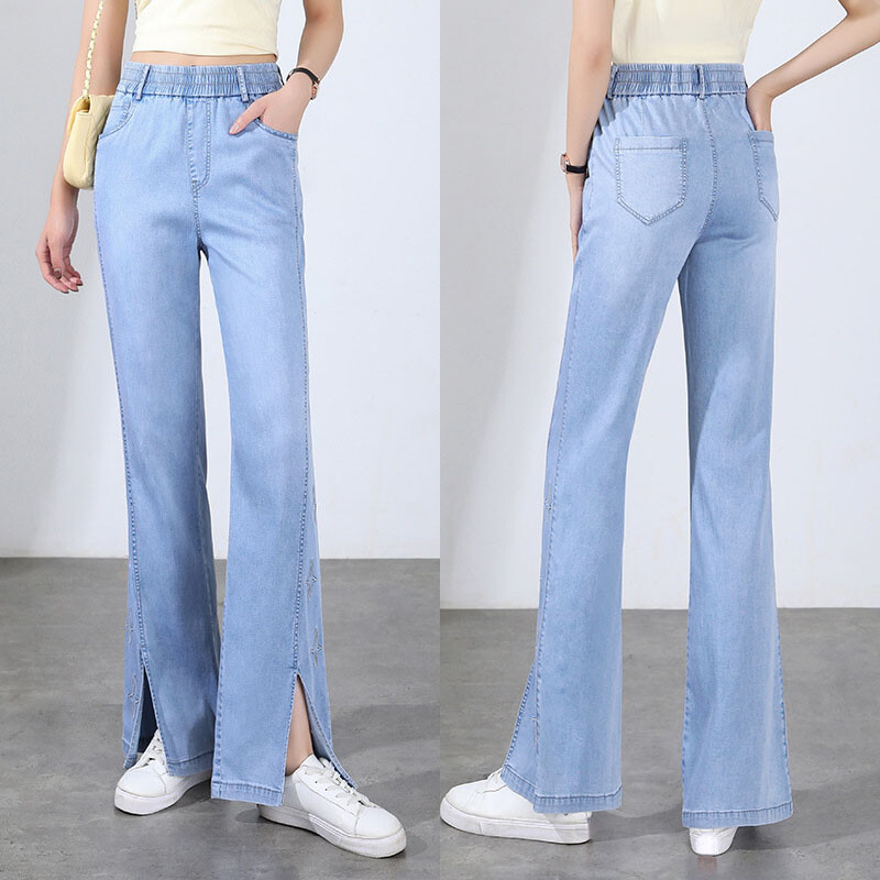 Women Bootcut Jeans Denim Pants Trousers Star Embroidery Slit Breathable