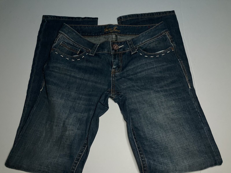 Guess Size 28/33 Women Low Rise Fancy Stitching Bootcut Blue Denim Jean Sharp