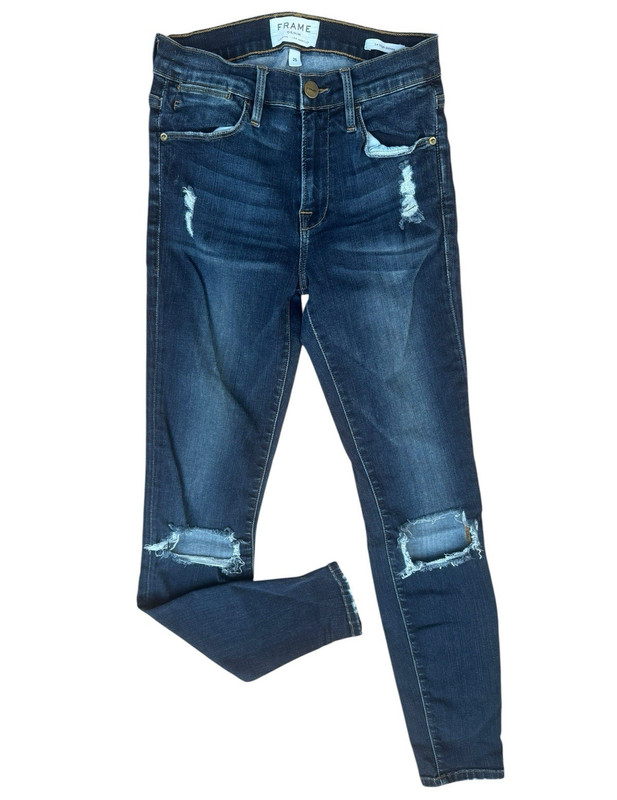 FRAME High Rise Skinny Jeans Dark Wash Blue Denim Distressed | 25