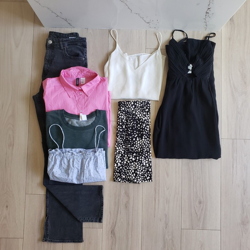 H&M Womens Bundle M 10 Neutral Flare Jeans Shirts Dress Capsule Casual Lot 7