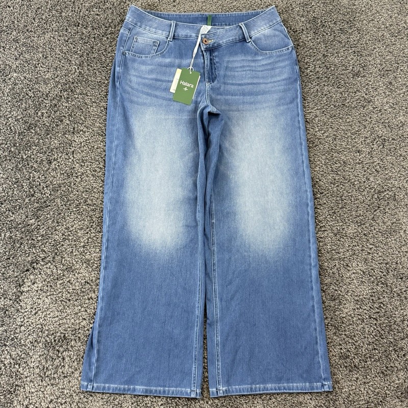 NEW Halara Flex Denim Low Rise Wide-Leg Light Blue Sz M Lightweight Asymmetric