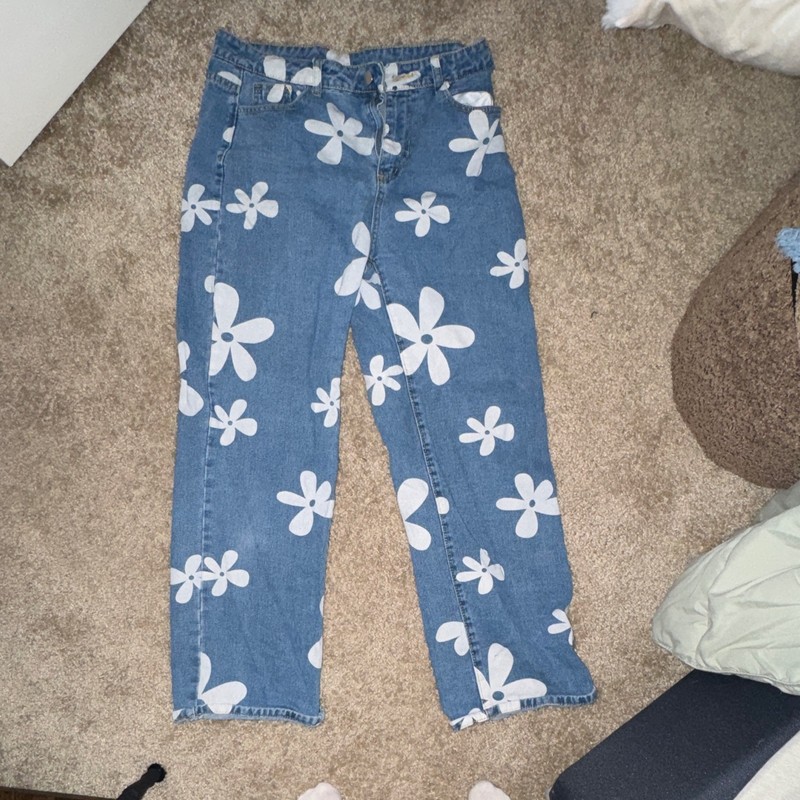 SHEIN Women’s High Rise Straight Blue Denim Jeans Floral Print Pockets EU 34