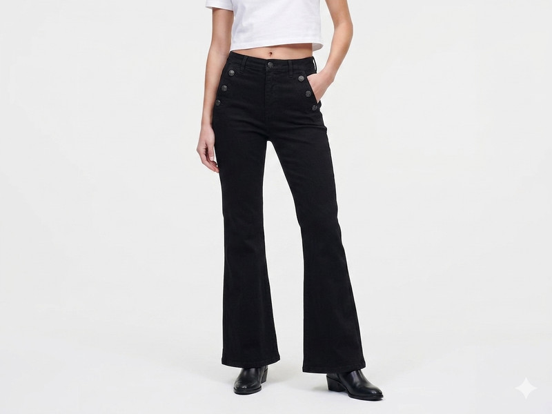 KARL LAGERFELD sailor‑style buttons Black Flare Leg High Rise Jeans Size 6 $110