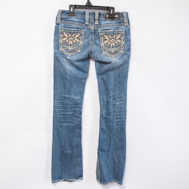 VTG Y2K Embellished Bootcut Jeans Womens 28 Low Rise Rhinestone Pocket Evil Eye