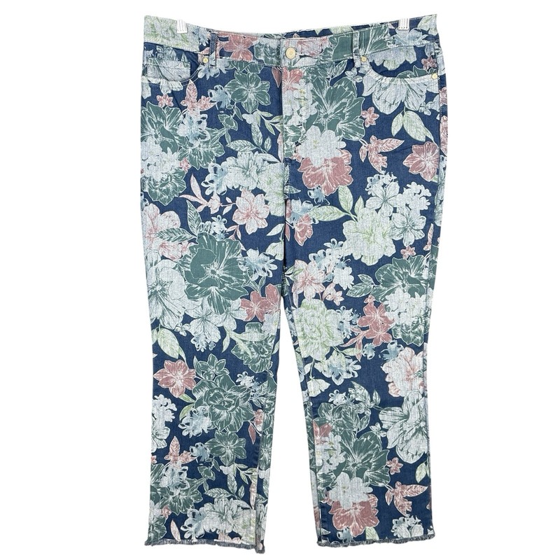 Code Bleu Chelsea Capri Jeans Women’s 16 Blue Multicolor Floral Denim Raw Edge