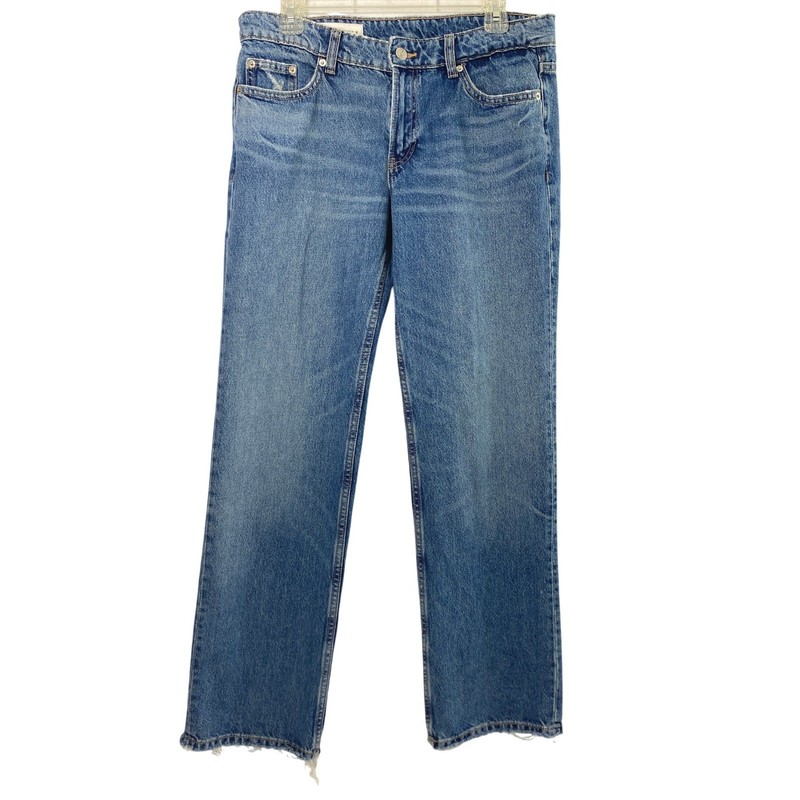 Zara Jeans Women Size 6 Straight Mid Rise Raw Hem Medium Wash Denim Distress