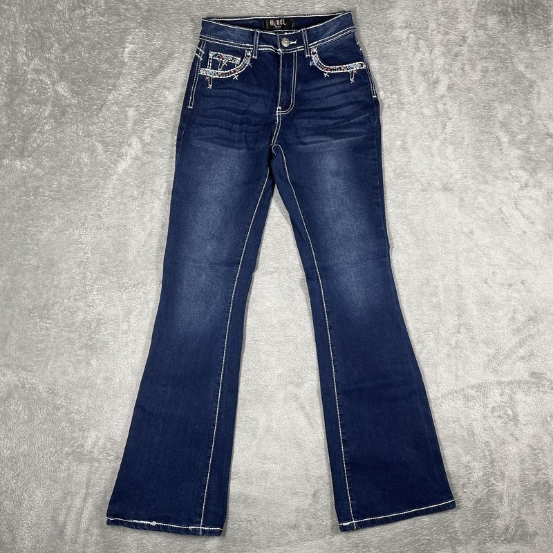Rebel Jeans Womens 5/25 Blue Bootcut Embroidered Rhinestone Aztec Denim Studded