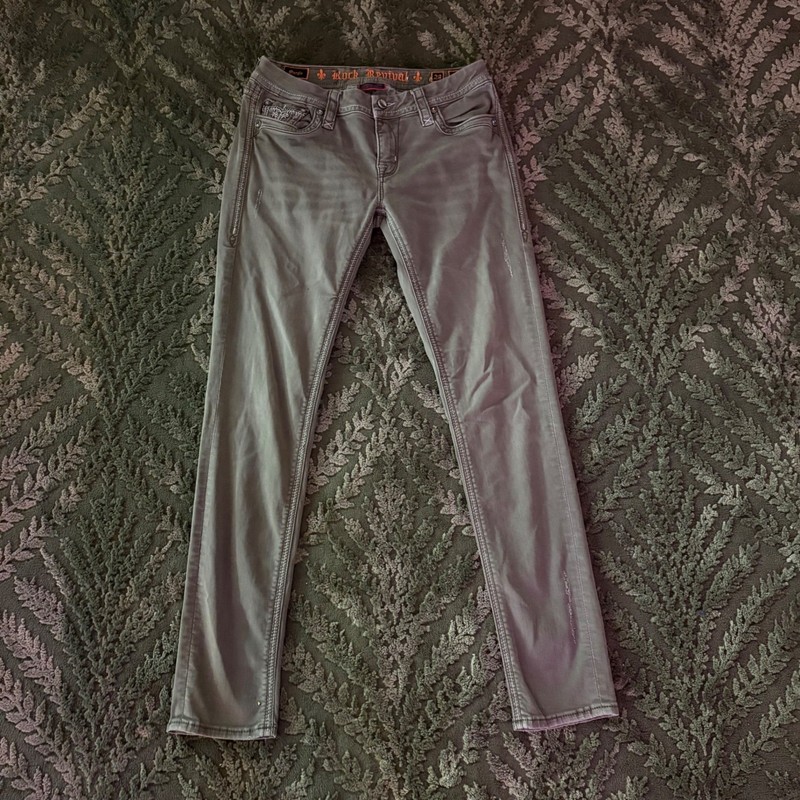 Vintage Rock Revival Margie Skinny Jeans Olive Green Embroidered Womens 29