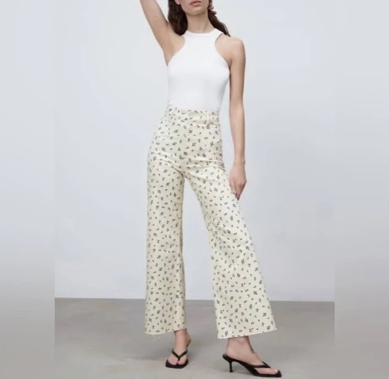 Zara The Marine Straight Jeans Womens 6 Floral High Waist Raw Hem Wide Leg Pants