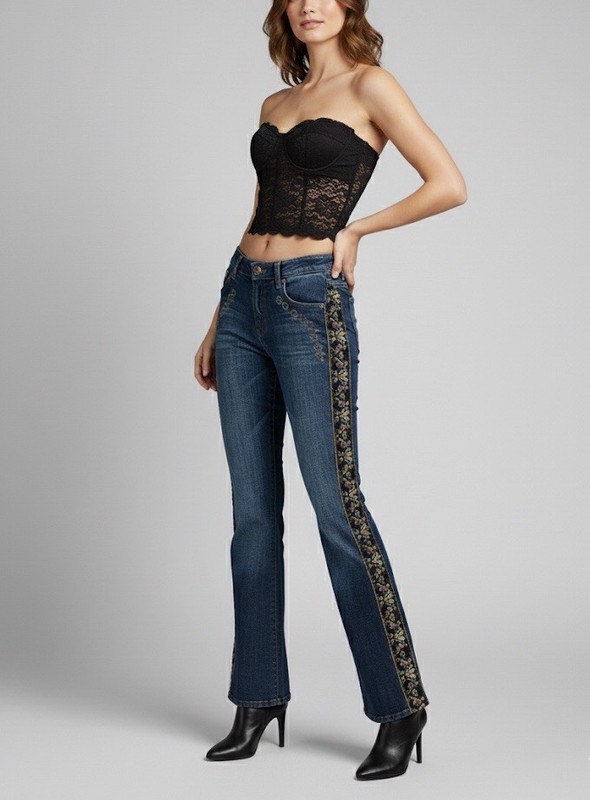 Rosa & Rose Womens Mid-Rise Bootcut Embellished Dark Wash Denim Jeans Medium