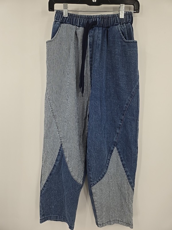 Unbranded Women’s Denim Color Block Jeans Stripe Pockets Drawstring Size Small?