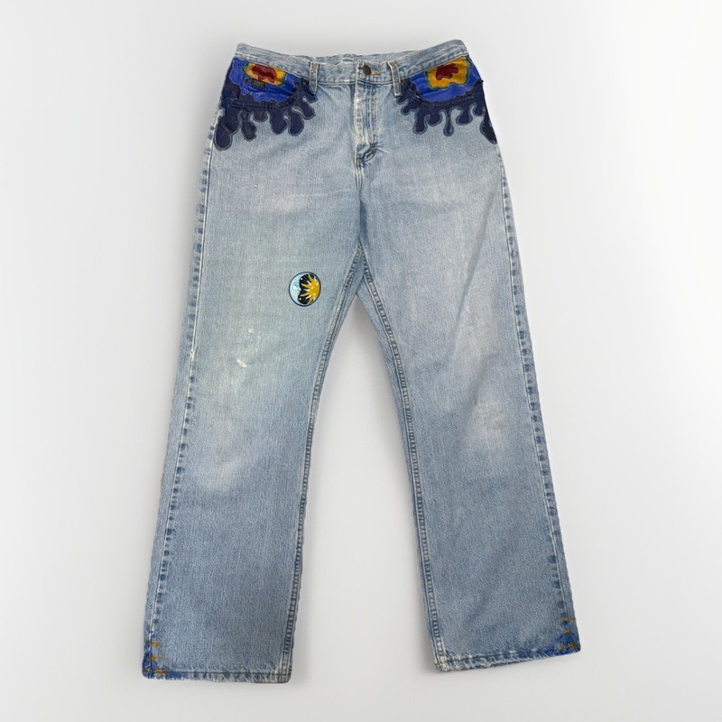 Vintage 33x32 Hand Painted Art Jeans Mystical Soul Sun Patch Y2K