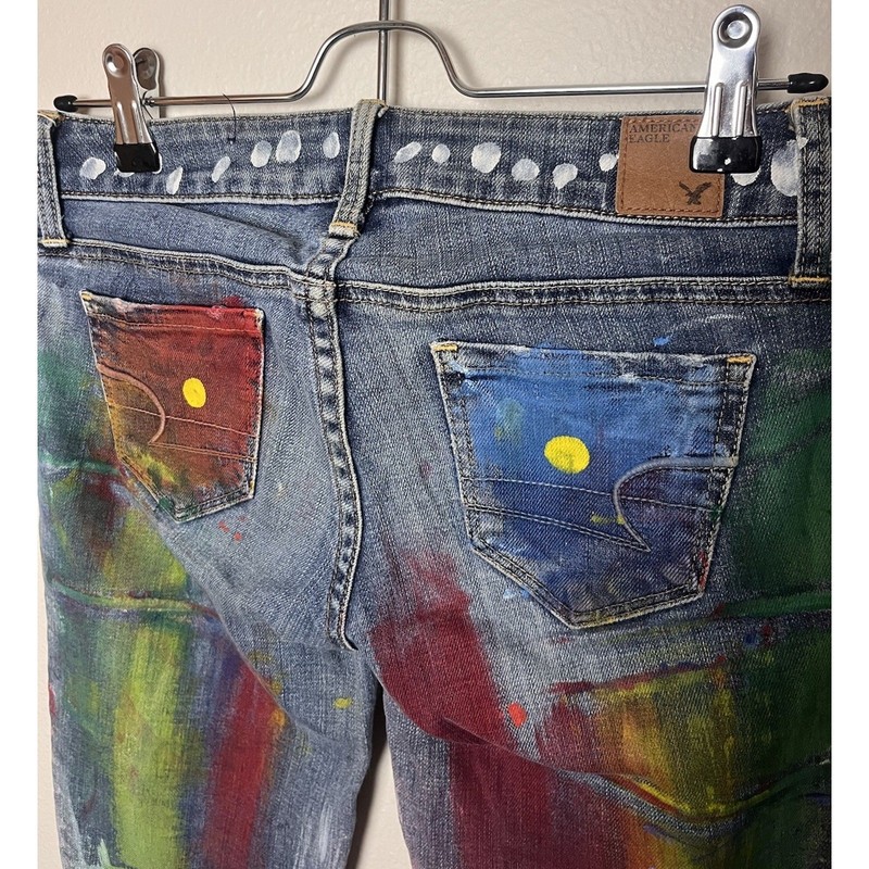 American Eagle Hand Painted Low Rise Skinny Jeans Women’s Sz 00 Upcycled gallery