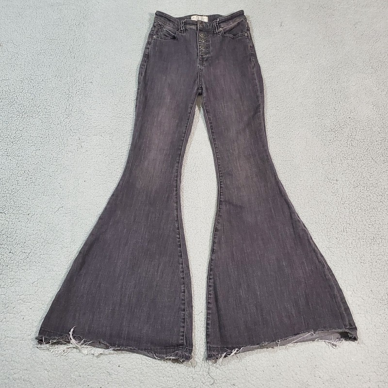 We The Free People Jeans Womens 26 Black Stretch Flare Button Fly Raw Hem Boho