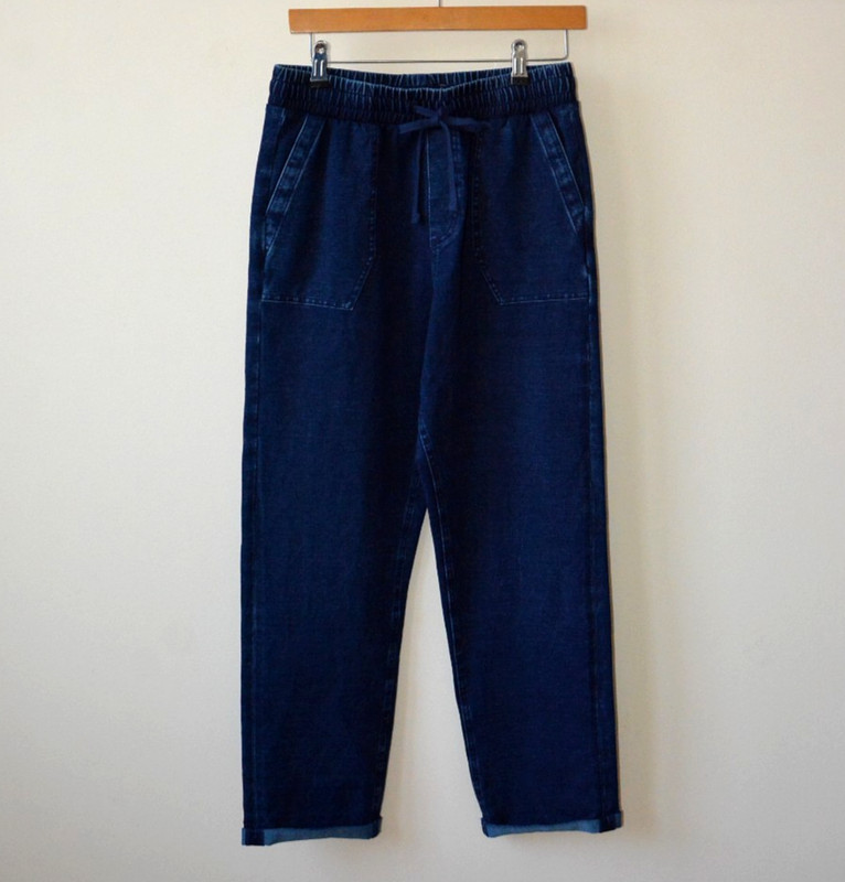 EX M & S NAVY JERSEY DENIM DRAWSTRING WAIST POCKETS ROLLED HEM JEAN SIZE 8 SHORT gallery