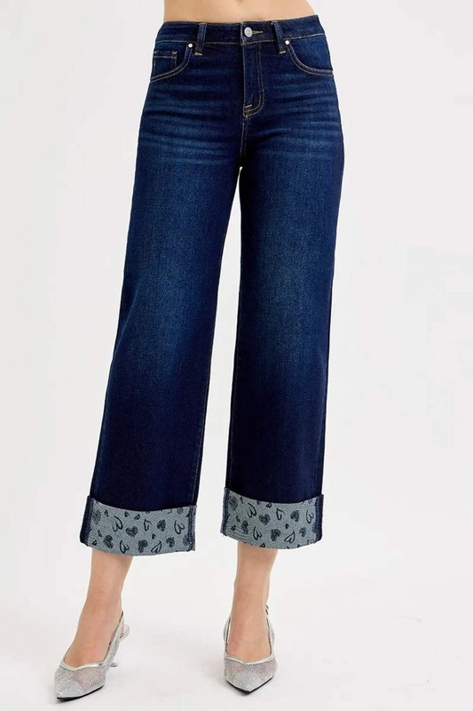 Full Size Mid Rise Fit Crop Wide With Printed Cuff Jeans Plus Size