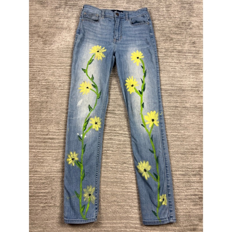 Hollister Jeans Womens 3S Blue Ultra High-Rise Skinny Hand Painted Daisy Floral
