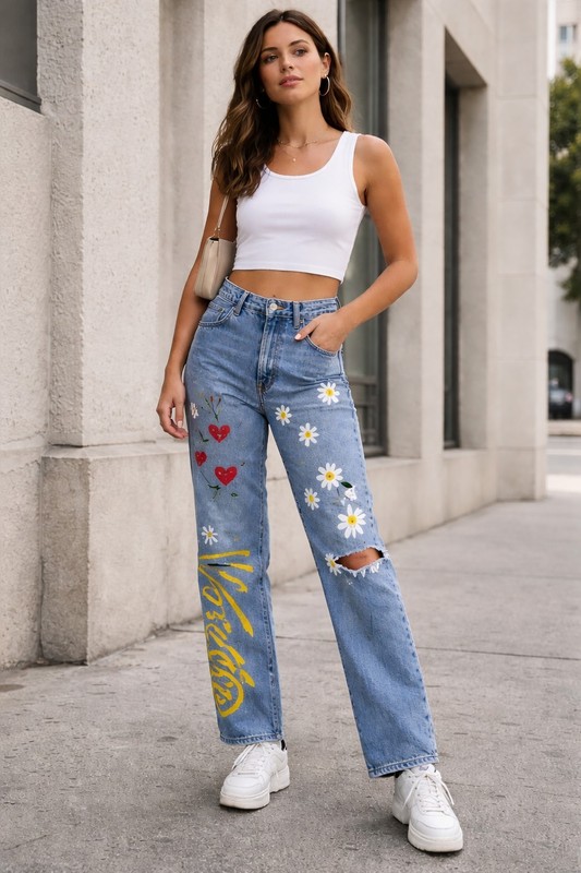 AGOLDE Hand Painted Daisy Art Jeans High Rise Straight Leg One Of A Kind 28