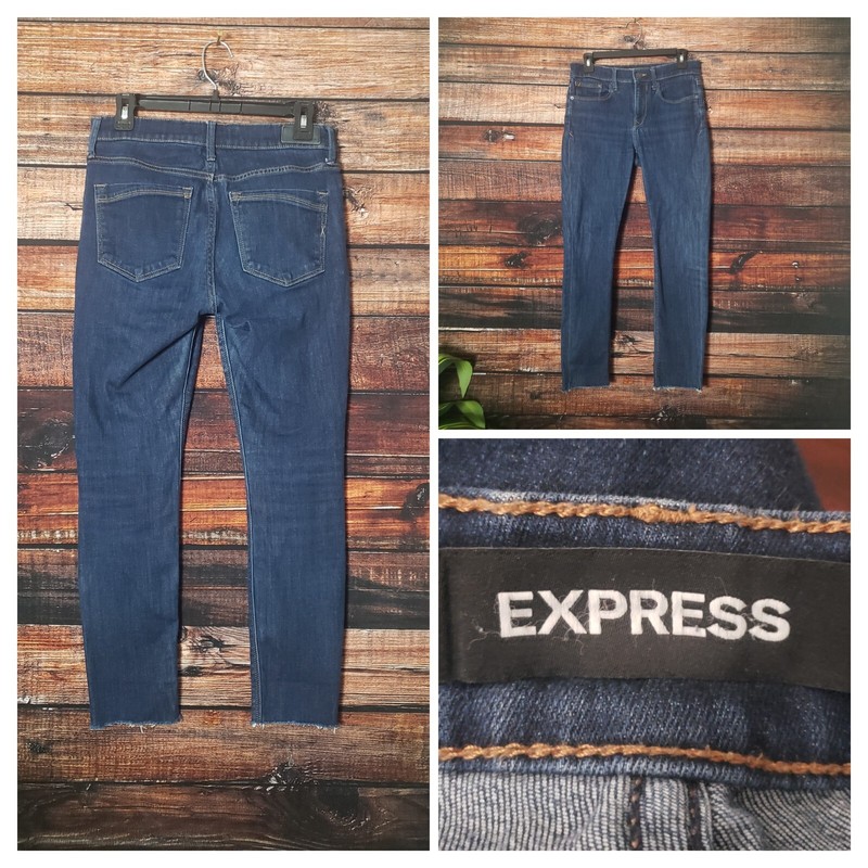 Express Jeans Size 4 Short Skinny Ankle Dark Blue Denim Raw Hem