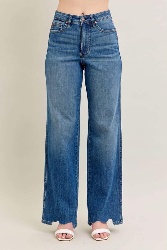 Full Size High Waist Tummy Control Chew Hem Destroy Wide Jeans Plus Size
