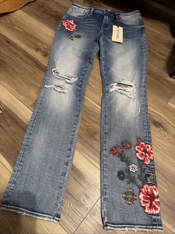 Driftwood Jeans Womens 26 Blue Audrey High Rise Embroidered Floral Stretch